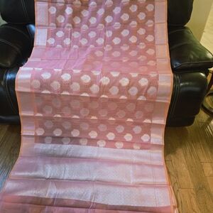 Beautiful Peach Pink Soft Benarasi Chanderi Sari With Silver Zari Work & BP